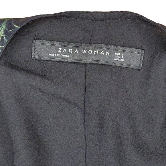 Zara Woman SMALL Black Lined Botanical/Floral Wrap Dress w Sheer Sleeves - Picture 4 of 7